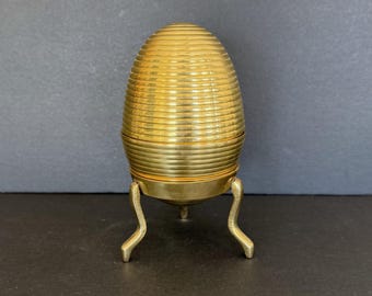 Vintage Two Piece Ridged Brass Egg Trinket Box with Stand 6 1/4"
