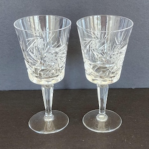 Pair of cut crystal wine glasses pinwheel pattern 5 1/2 inch