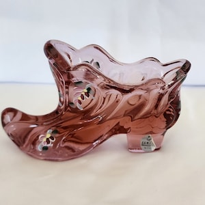 Fenton glass shoe hand painted slipper dusty rose signed