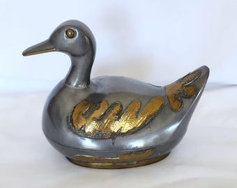 Plato de baratijas vintage de peltre y bronce con forma de pato de 6 1/2 pulgadas
