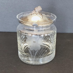 Etched crystal condiment jar with silver lid rose finial floral design
