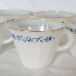 Vintage Termocrisa milk glass mugs blue flowers with gold rim (set of seven)