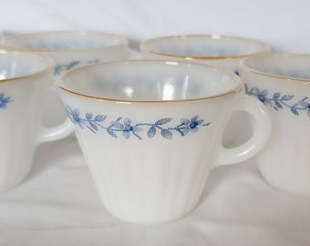 Vintage Termocrisa milk glass mugs blue flowers with gold rim (set of seven)