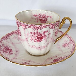 Vintage Shelley China Teacup and Saucer: Pink Floral Basket, Festoon Pattern Gold Trim, Rare