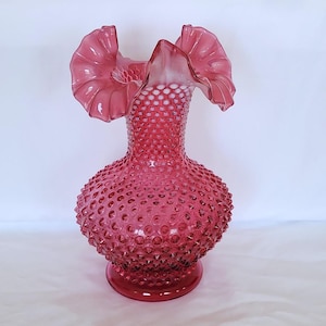 Fenton Glass cranberry opalescent hobnail ruffle edge vase 10 3/4 inch