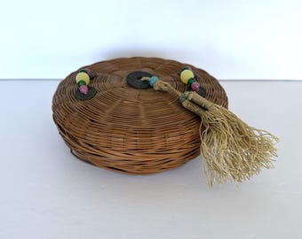 Vintage Chinese Sewing Basket with Glass Beads and Tassel 5 3/4" wide