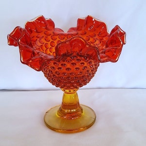 Vintage Kanawha amberina orange hobnail ruffled edge compote pedestal dish 5 3/4 inches