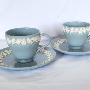 Wedgwood Tea Cup and Saucer Sets (2): Embossed Queen&#39;s Ware, Lavender Blue