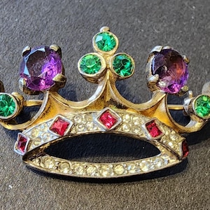 Vintage sterling Trifari crown brooch signed colored rhinestones