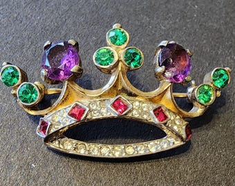 Vintage sterling Trifari crown brooch signed colored rhinestones