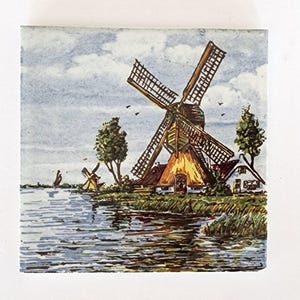 Hand painted Delfts tile windmill scene Holland signed 4 1/4&quot;