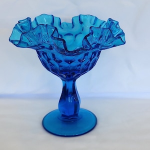 Fenton Compote Colonial Blue Thumbprint dish 6 inch