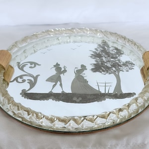 Vintage Murano etched glass dresser vanity tray courting scene gold accents