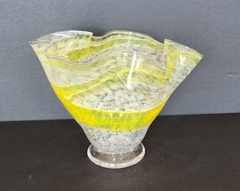 Vintage hand blown yellow and white glass footed handkerchief vase 7 inch