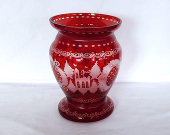 Egermann Bohemia Glass 花瓶 チェコ製 エガーマン作 ボヘミアン風 チェコ彫刻入り カットガラス アンバー花瓶