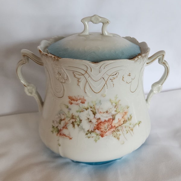 Porcelain container with lid antique hand painted floral