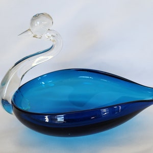 Vintage glass swan blue and clear dish