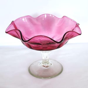 Vintage hand blown cranberry glass compote pedestal dish ruffle edge 3 3/4&quot; tall