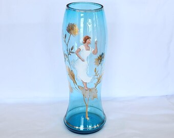 Victorian hand blown enameled blue glass vase 11 7/8 inch