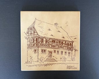 Azulejo artístico vintage del Ayuntamiento de Bergrheinfeld, Alemania, firmado por el artista, de 8 pulgadas.
