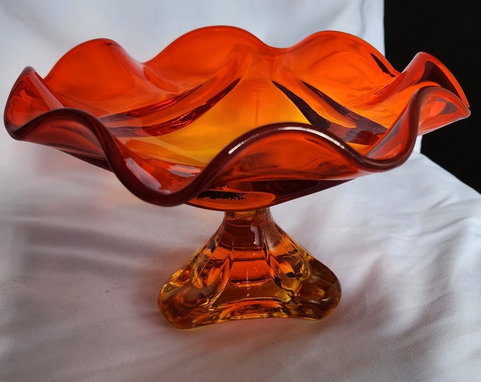 Vintage Viking Glass Pedestal Orange Amberina Persimmon Compote Dish Etsy