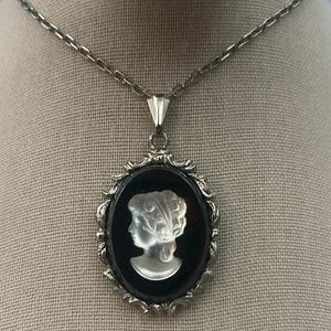 Vintage Necklace Cameo, glass cameo, black carved cameo pendant jewelry