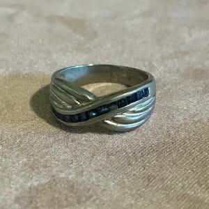 multi blue sapphire’s bezel wave ring- Sterling Silver- wedding band stacker