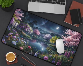 Tappetino da scrivania con tema giardino incantato / Tappetino per mouse floreale, ambientazione cielo notturno con ciliegi in fiore