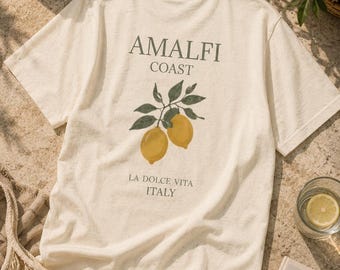 T-shirt met citroenillustratie van de Amalfikust | Italië reizen vintage typografie