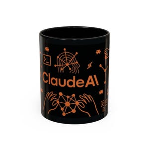 May include: Black ceramic mug with the text "ClaudeAI" in orange, along with orange graphics of a radar, hands, and other tech-related symbols. The mug has a glossy finish and a cylindrical shape.