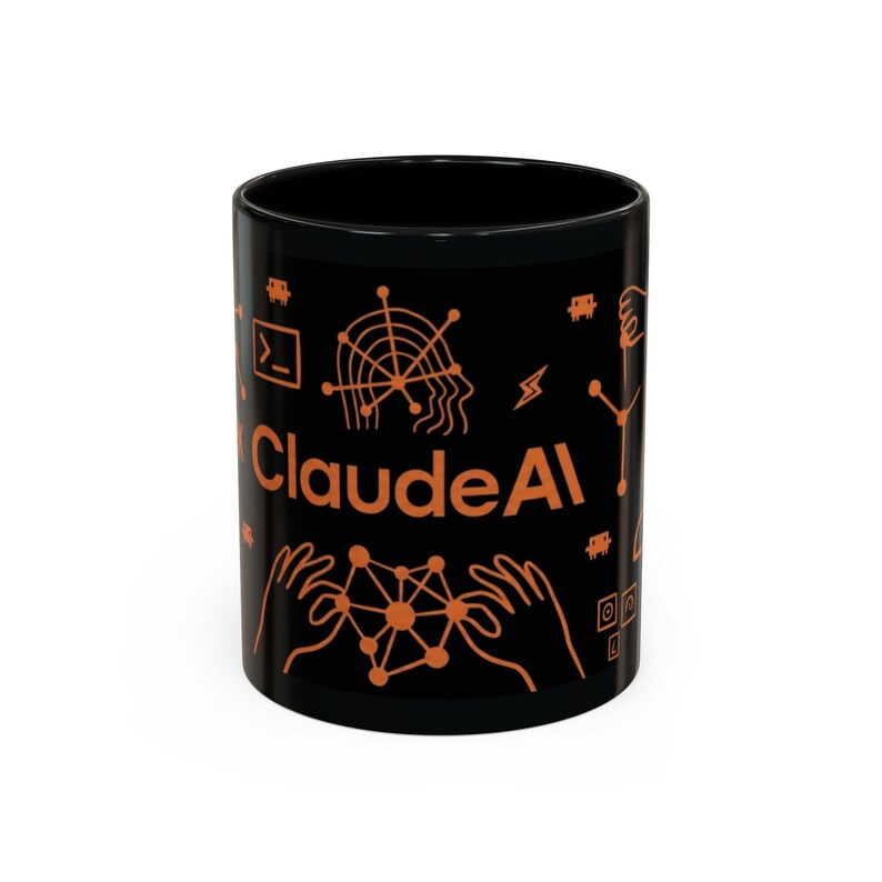 May include: Black ceramic mug with the text "ClaudeAI" in orange, along with orange graphics of a radar, hands, and other tech-related symbols. The mug has a glossy finish and a cylindrical shape.