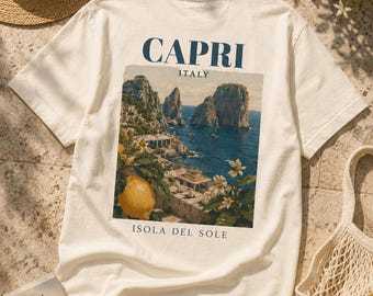 Vintage T-shirt met kustkaart Capri, Italië | Isola del Sole