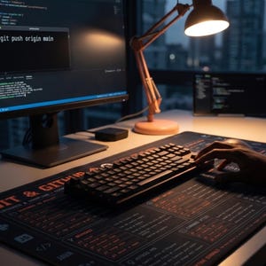 Op de afbeelding: Een computerwerkstation met twee monitoren waarop code wordt weergegeven. Een zwart toetsenbord en een muismat met de tekst "GIT & GITHUB" liggen op het bureau. Een oranje bureaulamp verlicht de werkruimte. De sc&egrave;ne speelt zich af tegen een stadsgezicht.