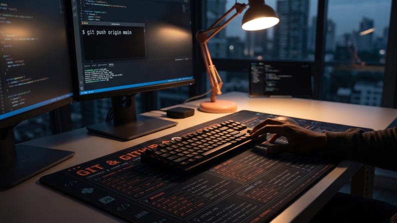 Op de afbeelding: Een computerwerkstation met twee monitoren waarop code wordt weergegeven. Een zwart toetsenbord en een muismat met de tekst "GIT & GITHUB" liggen op het bureau. Een oranje bureaulamp verlicht de werkruimte. De sc&egrave;ne speelt zich af tegen een stadsgezicht.