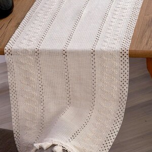 Boho Cotton Table Runner, Neutral Tassel Decor, Dining Table Centerpiece