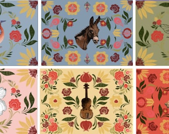 May include: Six colorful tiles with floral patterns and a different animal or object in the center of each. The tiles feature a bluebird, a donkey, a bee, a dogwood flower, a violin, and a black bear.