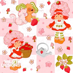 strawberry girl Seamless Design, pattern, strawberry, spring, vintage, Magical, repeating, hand drawn, pink checks Background Seamless