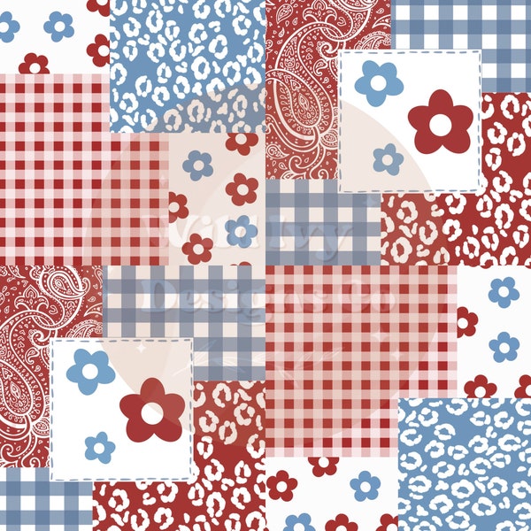 Red White And Blue , FOJ, Fourth Of July, Independence Day,  Retro Daisy Quilt Patchwork Seamless Design , Seamless File , Seamless Pattern