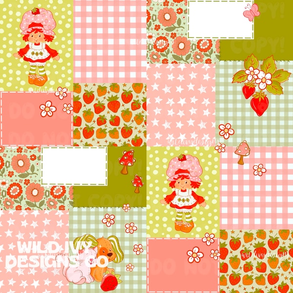 strawberry girl Seamless Design, Strawberry spring, shortcake patchwork, spring Patchwork, patchwork quilt pattern, Seamless Pattern