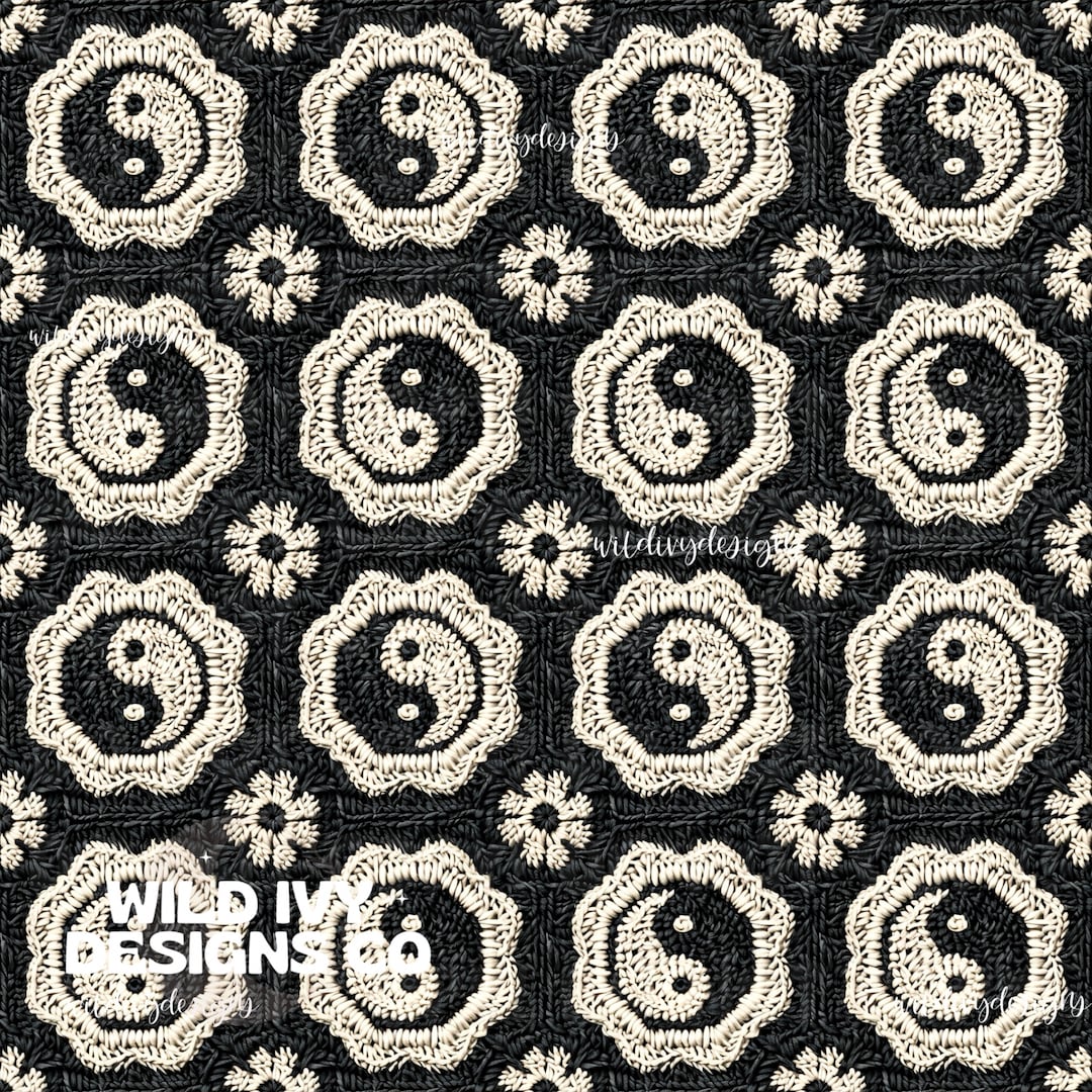 Faux Embroidery Yin Yang Crochet Granny Squares Seamless,retro Black