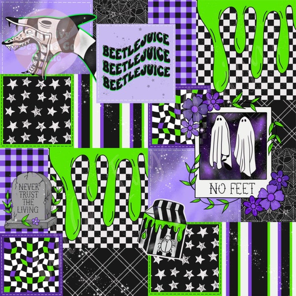 Beetle JUICE Patchwork , Green, Black, Halloween, Fall, Spooky Character Patchwork Seamless File, Seamless Pattern, Seamless Design