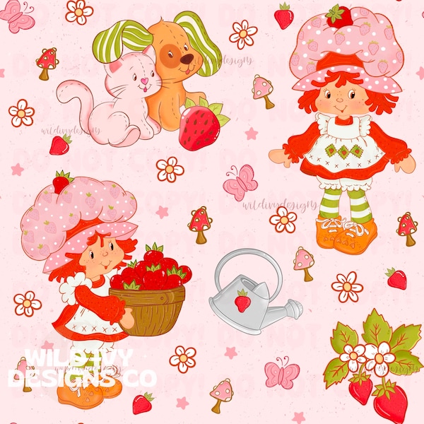 strawberry girl Seamless Design, pattern, strawberry, spring, vintage, Magical, repeating, hand drawn, pink Background Seamless