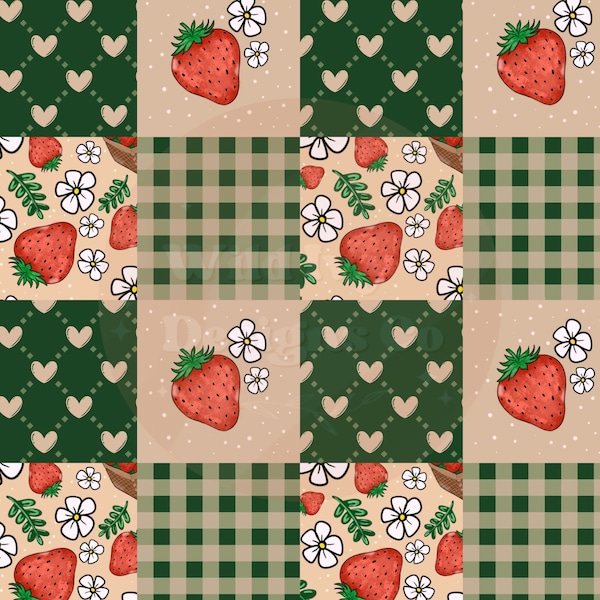 Strawberry Basket Spring Tan Patchwork Checkered Seamless Pattern, Retro Seamless Design