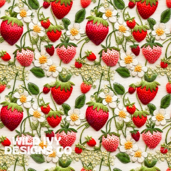 Faux Embroidery Spring Strawberry Garden Design, Magical, Whimsical, Floral Embroidery, repeating pattern, Seamless Pattern