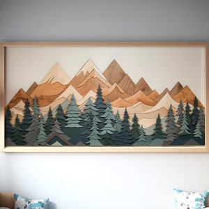 LakelzDecor Mountain Wood Inspired Wall Art, Cabin art, Framed Nursery art, Large Horizontal Canvas, Wooden Panel Effect Art, Green & Brown