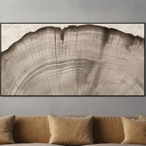 Panoramic Vintage Style Abstract Wall Art, Nordic Wood Tree Rings, Minimalist Modern Art Boho Decor, Beige and Grey Print, Large Canvas Art