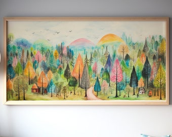 LakelzDecor Colorful Forest Nursery Decor, Wide Horizontal Landscape Print, Children Mountain Art, Large Panorama, Chalk Vibrant Drawing