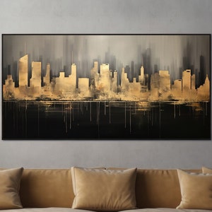 LakelzDecor Panoramic Gold City Skyline Abstract Wall Art, Minimalist Abstract, Black and Gold, Large Horizontal Canvas, Black Wall Print