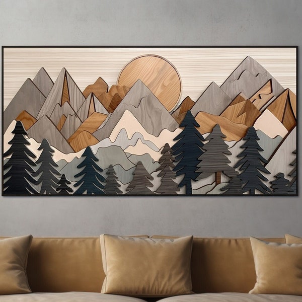 Mountain Wood Wall Art, Cabin art, Nature and Tree print, Mountain picture, Framed wood art, Large Horizontal Canvas, Wood Panel Effect Art