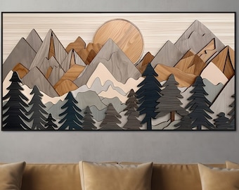 Mountain Wood Wall Art, Cabin art, Nature and Tree print, Mountain picture, Framed wood art, Large Horizontal Canvas, Wood Panel Effect Art